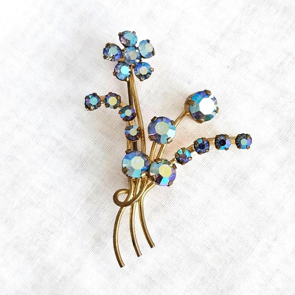 Vintage Austria AB Aurora Borealis Blue Crystal Floral Pin Brooch Prong Set